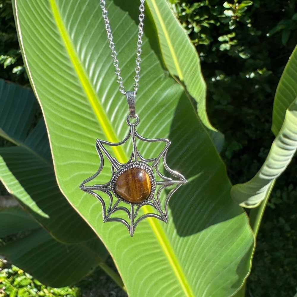 NEW Halloween Tiger Eye Spider Web Pendant Encased Crystal